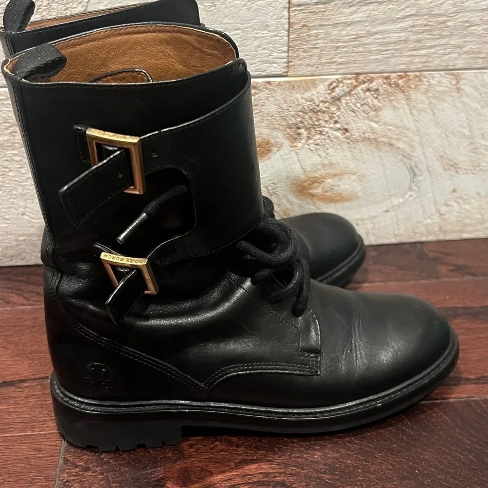 TORY BURCH Women’s Black Leather Gold Buckle Lukas Combat Boots Size 6.5